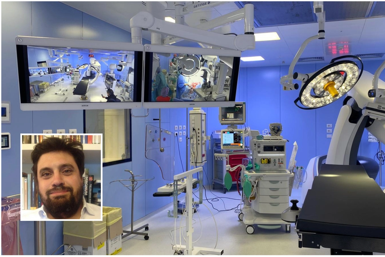 La sala ibrida utilizzata per l'intervento; nel riquadro, il dottor Matteo Tozzi