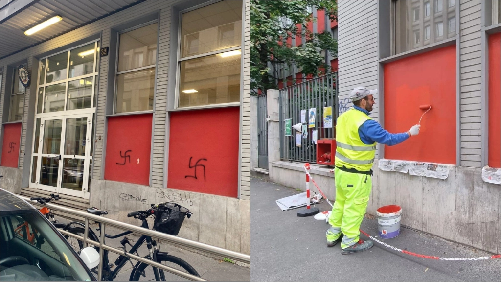 Le svastiche apparse sui muri della scuola di via Fara sono state rimosse in mattinata Le svastiche apparse sui muri della scuola di via Fara sono state rimosse in mattinata
