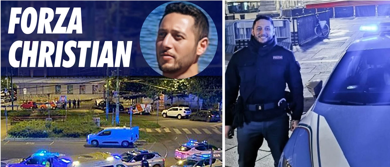 A sinistra la grafica che sta girando sui social a supporto del poliziotto ferito. A destra l'agente Christian Di Martino in servizio