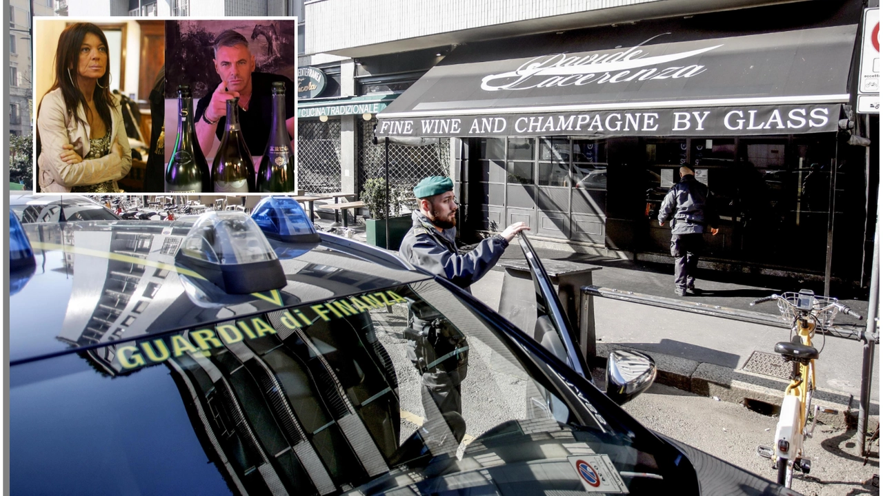 Guardia di Finanza alla Gintoneria di Milano e, nel riquadro, Stefania Nobile e Davide Lacerenza