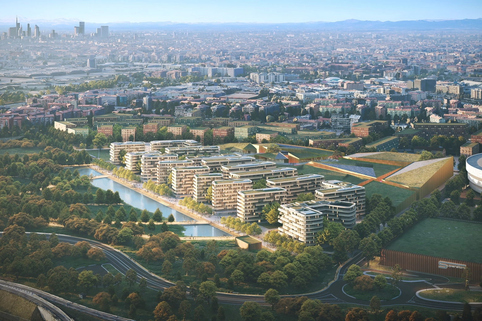 Una vista dall'alto del nuovo quartiere Santa Giulia in un rendering