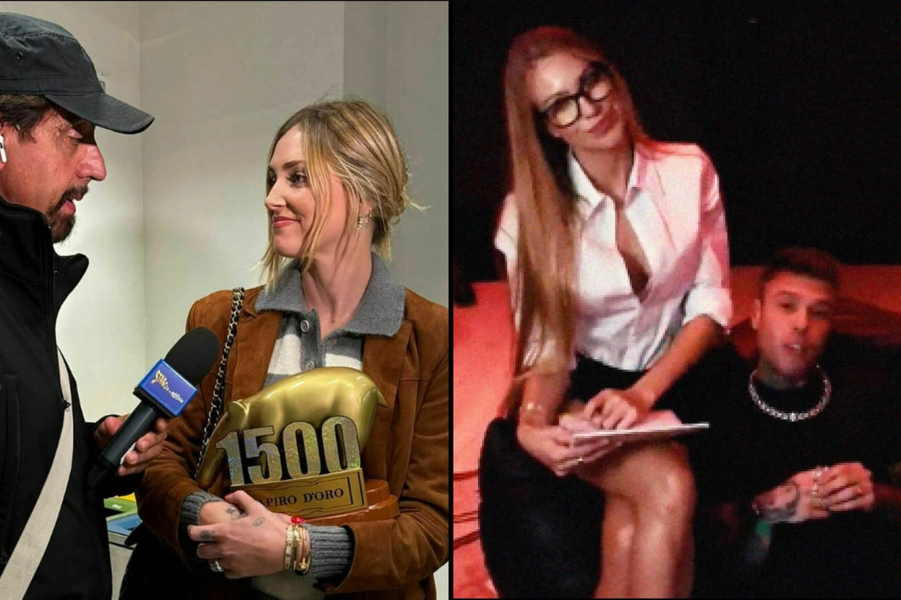 Chiara Ferragni riceve il tapiro d'oro da Valerio Staffelli. A destra Fede e Taylir Mega nel video del dissing contro Tony Effe