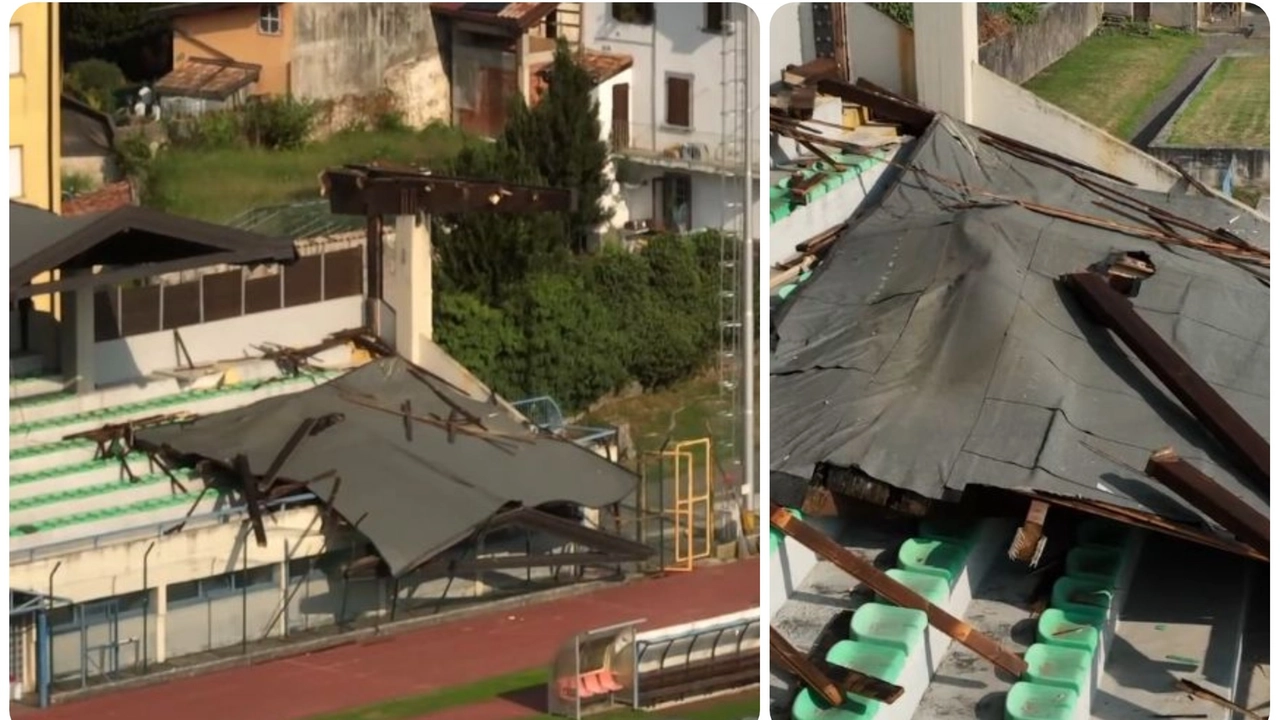 Tettoia dello stadio di Albino crollata, forse a causa del maltempo (Frame video Local Team)