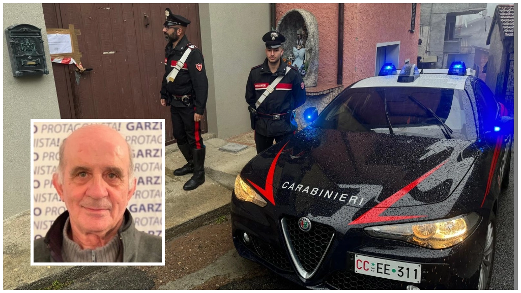 Carabinieri davanti all'abitazione della vittima, Candido Montini (nel riquadro) Carabinieri davanti all'abitazione della vittima, Candido Montini (nel riquadro)