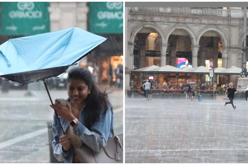 L'improvviso temporale in Piazza Duomo a Milano