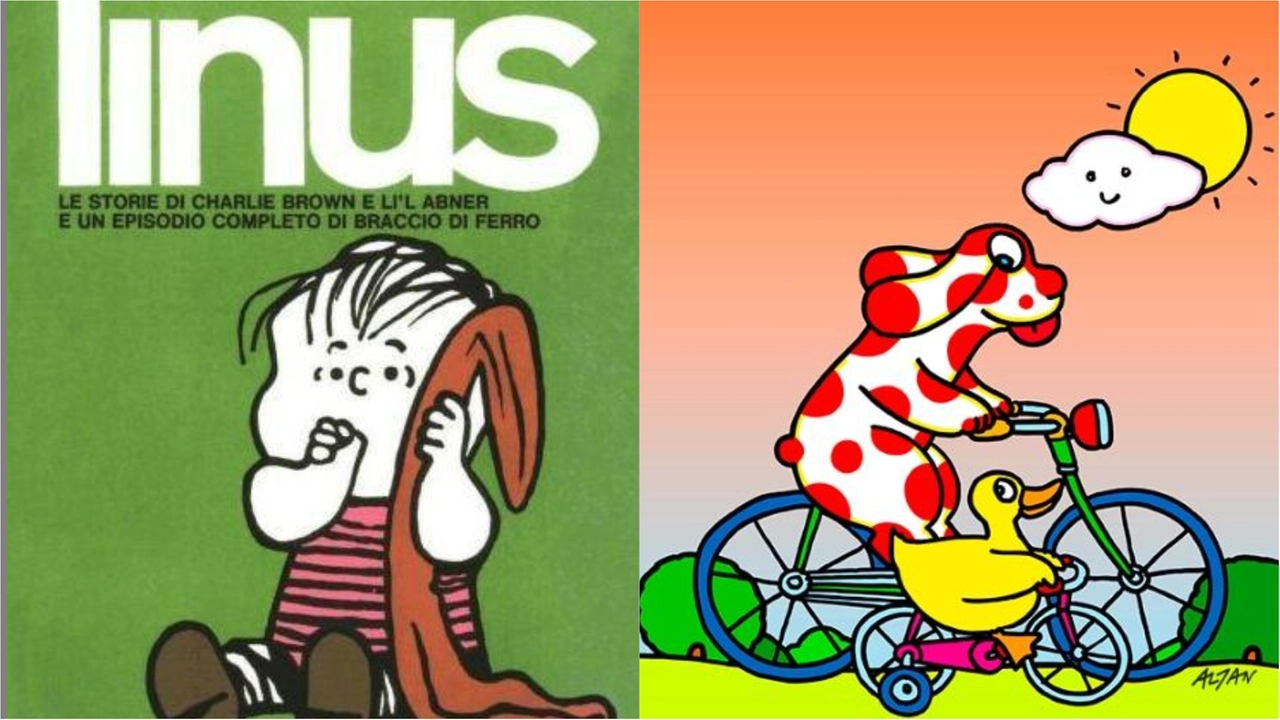 La prima copertina di Linus e una tavola con la Pimpa La prima copertina di Linus e una tavola con la Pimpa