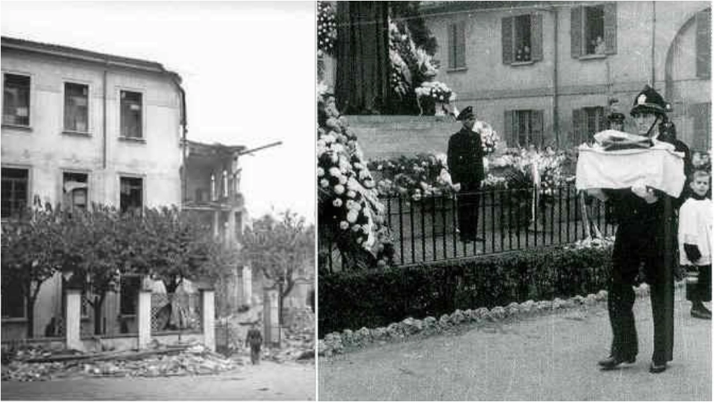 La scuola Francesco Crispi sventrata dalla bomba e la traslazione dei resti delle vittime nell'ossario sotto al monumento per i Piccoli Martiri di Gorla nella metà degli anni 50 (foto: piccolimartiri.it) La scuola Francesco Crispi sventrata dalla bomba e la traslazione dei resti delle vittime nell'ossario sotto al monumento per i Piccoli Martiri di Gorla nella metà degli anni 50 (foto: piccolimartiri.it)