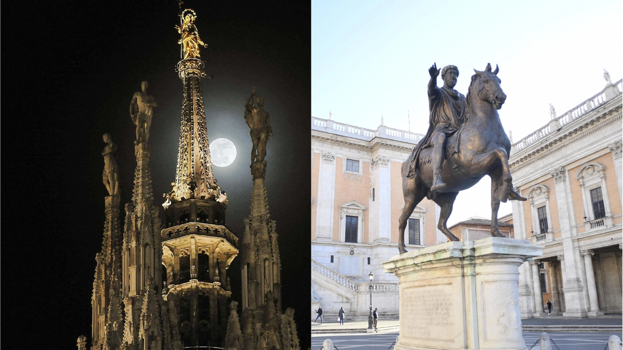 La Madonnina e la statua equestre del Marc'Aurelio nella piazza del Campidoglio