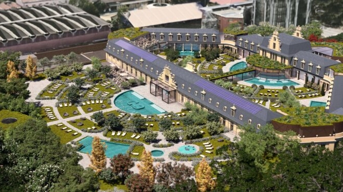 Un rendering di come apparirà il centro termale alle ex Scuderie De Montel Un rendering di come apparirà il centro termale alle ex Scuderie De Montel