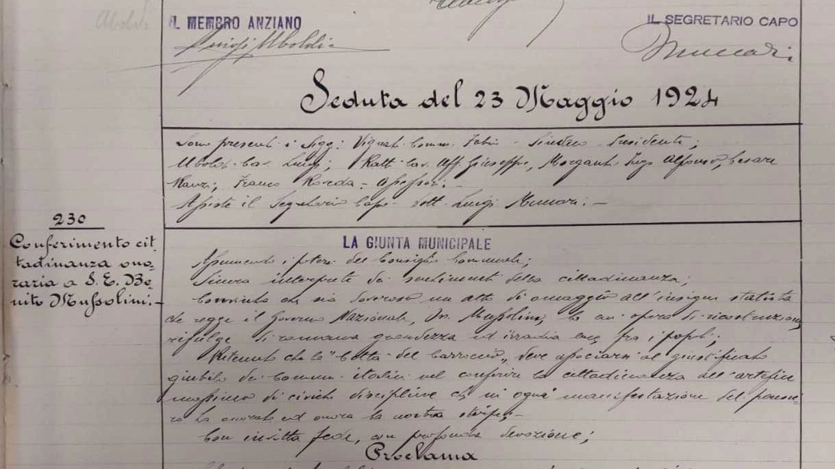 L'atto con cui veniva conferita la cittadinanza onoraria nel 1924