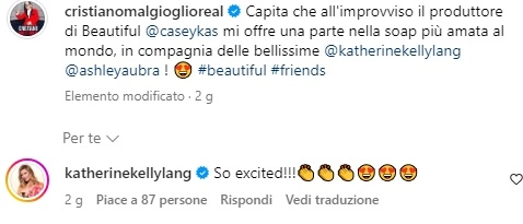 Il post su Instagram con la risposta di Katherine Lang (Instagram @cristianomalgioiglioreal)