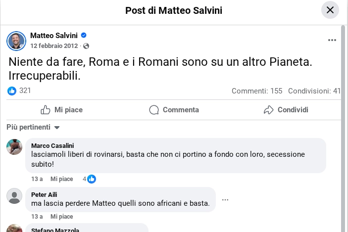 Il post di Matteo Salvini su Facebook del febbraio 2012