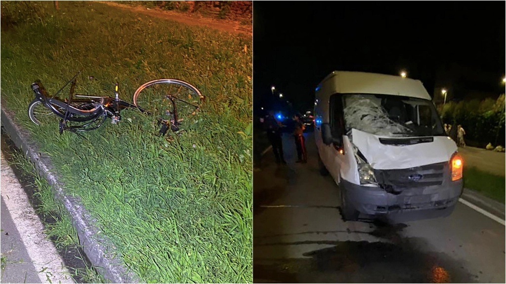 A sinistra la bicicletta di Valentino Colia, scaraventata a 40 metri dall'impatto; a destra il furgone guidato da Bogdan Pasca dopo l'incidente