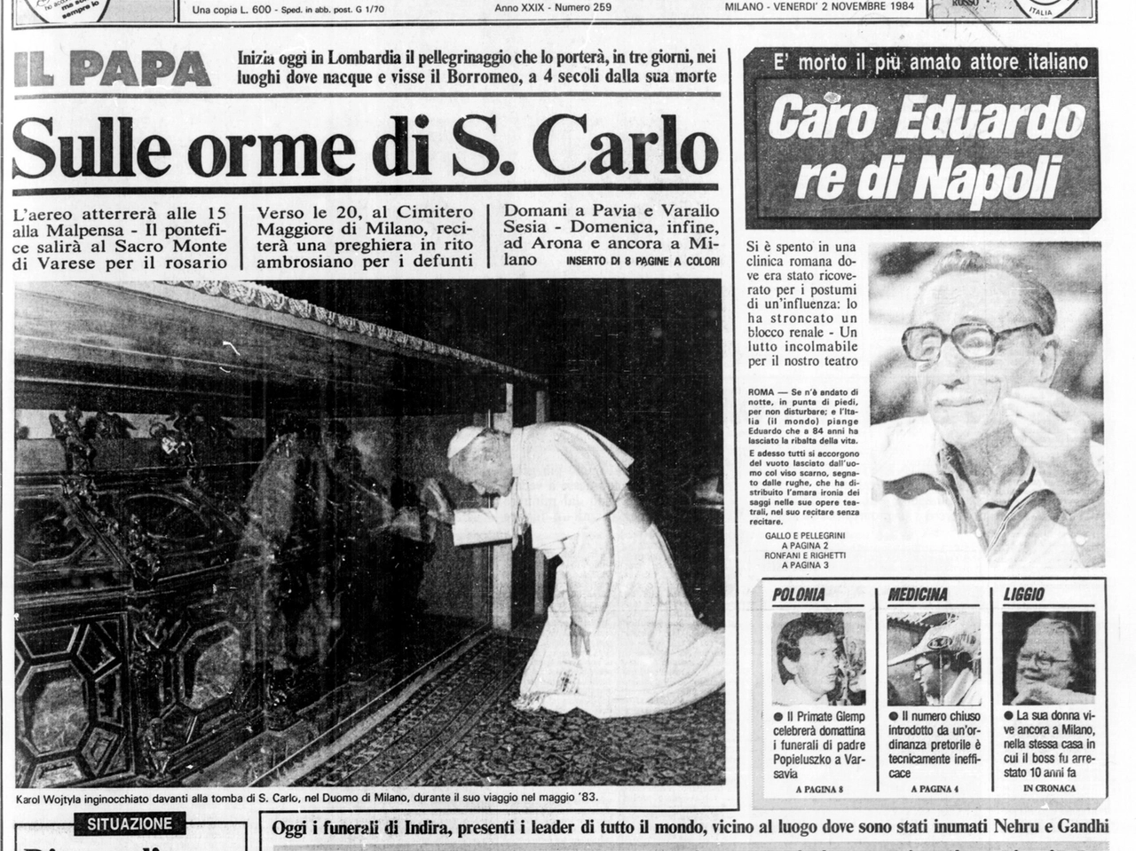 L'edizione speciale de Il Giorno, il 2 novembre 1984, dedicata alla visita del pontefice