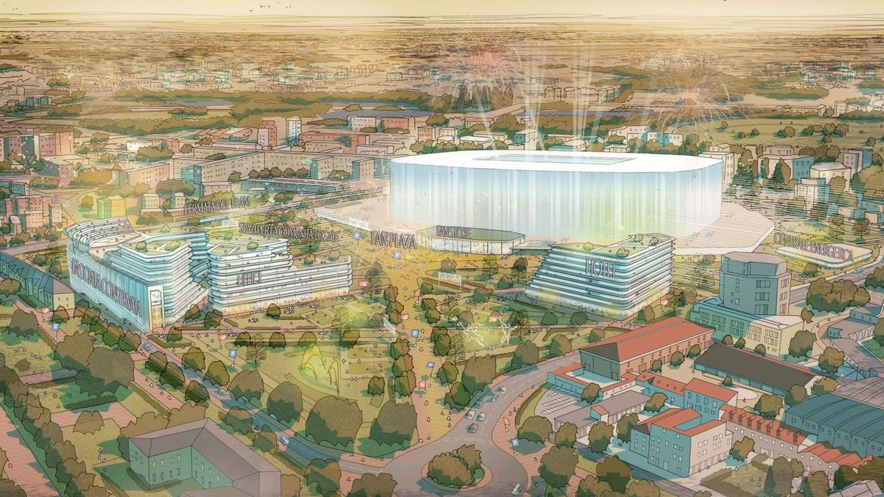 Il sindaco Giuseppe Sala e, a destra, un rendering di massima del nuovo stadio Il sindaco Giuseppe Sala e, a destra, un rendering di massima del nuovo stadio