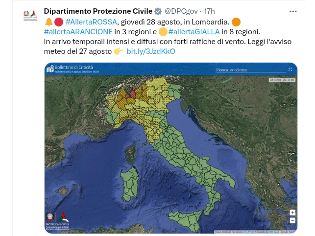 Allerta rossa e arancione in Lombardia (Profilo X protezione Civile)
