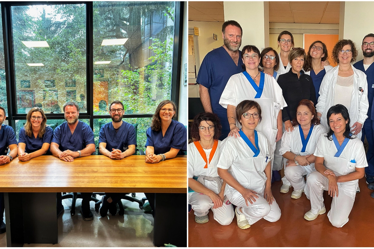 Due foto dell'equipe del Centro sclerosi multipla di Gallarate: nello scatto a destra, ritratti anche gli infermieri