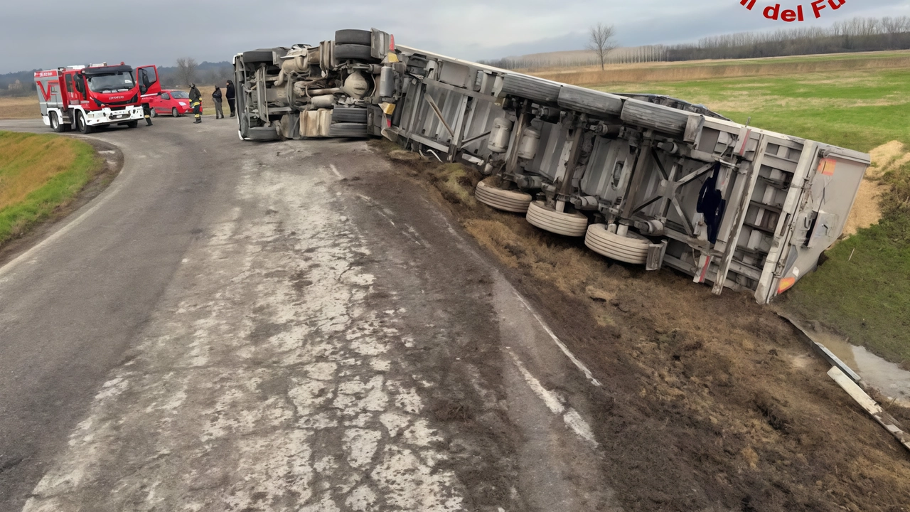Era carico di riso l’autoarticolato che si è ribaltato, ieri a Chignolo Po. L’incidente è successo sulla Sp204 che collega... Era carico di riso l’autoarticolato che si è ribaltato, ieri a Chignolo Po. L’incidente è successo sulla Sp204 che collega...