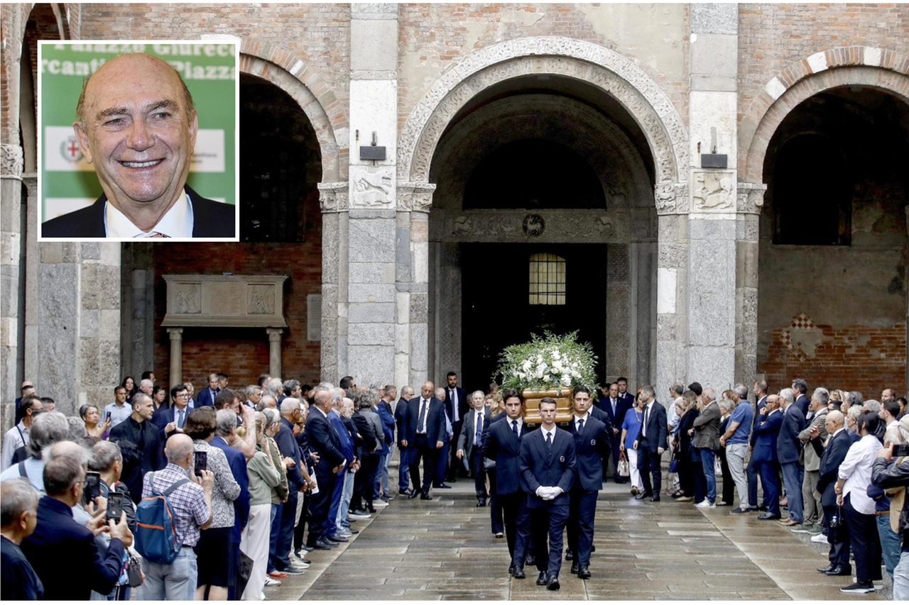 I funerali di Ernesto Pellegrini (nel riquadro) nella basilica di Sant'Ambrogio (Ansa)
