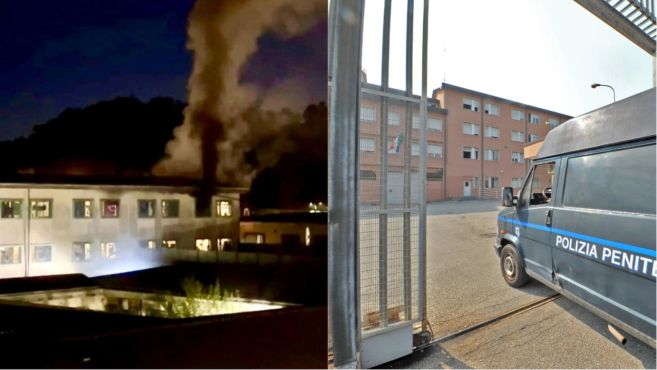 A destra l'esterno del carcere Bassone di Como, a sinistra il rogo divampato l'11 novembre che aveva causatpo gravissime ustioni per un detenuto di 19 anni