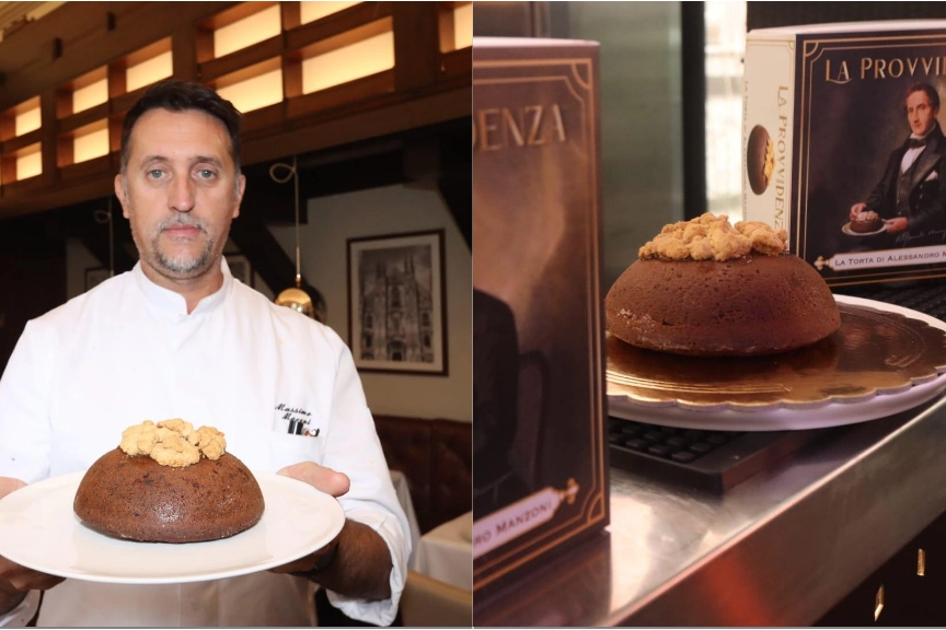 A sinistra lo chef Alessandro Servida. Il nome del dolce si rifà al concetto di Provvidenza tanto caro al Manzoni e filo conduttore dei suoi Promessi Sposi