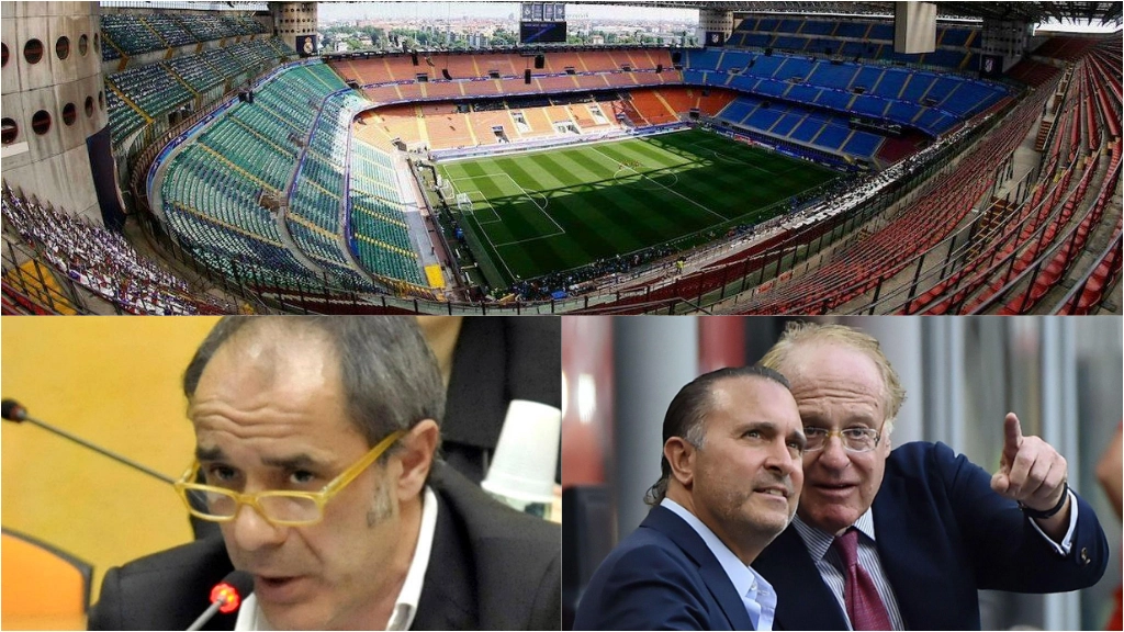 In basso da sinistra, il sindaco di Rozzano Ferretti De Luca, Gerry Cardinale di Redbirds, proprietario del Milan, e il presidente rossonero Paolo Scaroni In basso da sinistra, il sindaco di Rozzano Ferretti De Luca, Gerry Cardinale di Redbirds, proprietario del Milan, e il presidente rossonero Paolo Scaroni