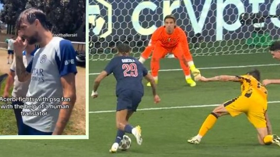 A sinistra Acerbi litiga con il tifoso del PSG, a destra il dribbling di Barcola al difensore nella finale di Monaco