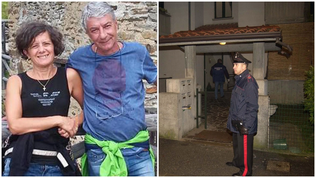 Raffaella Ragnoli e il marito Romano Fagoni; a lato, carabinieri fuori dalla casa del delitto Raffaella Ragnoli e il marito Romano Fagoni; a lato, carabinieri fuori dalla casa del delitto