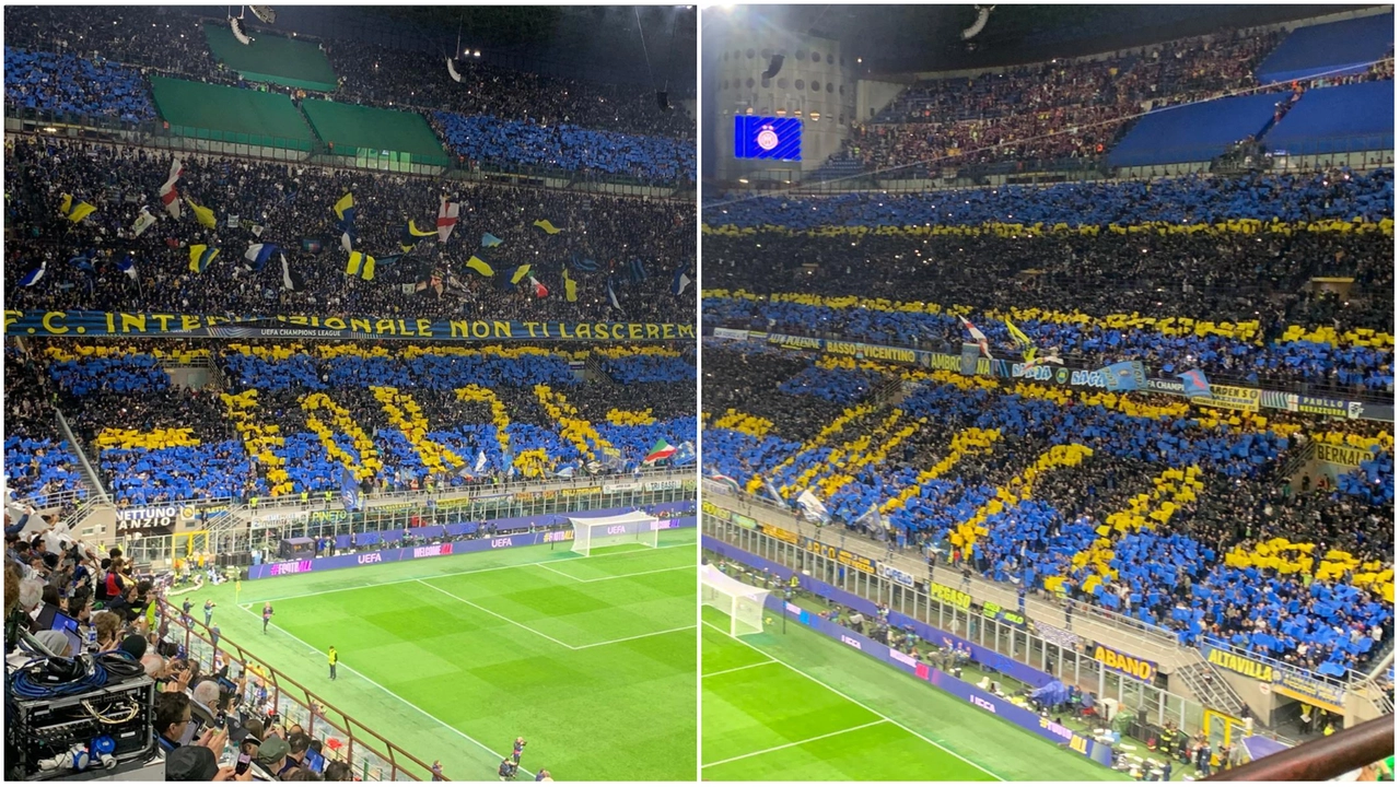La scritta "Forza Inter" composta al lato Nord e Sud dello stadio La scritta "Forza Inter" composta al lato Nord e Sud dello stadio