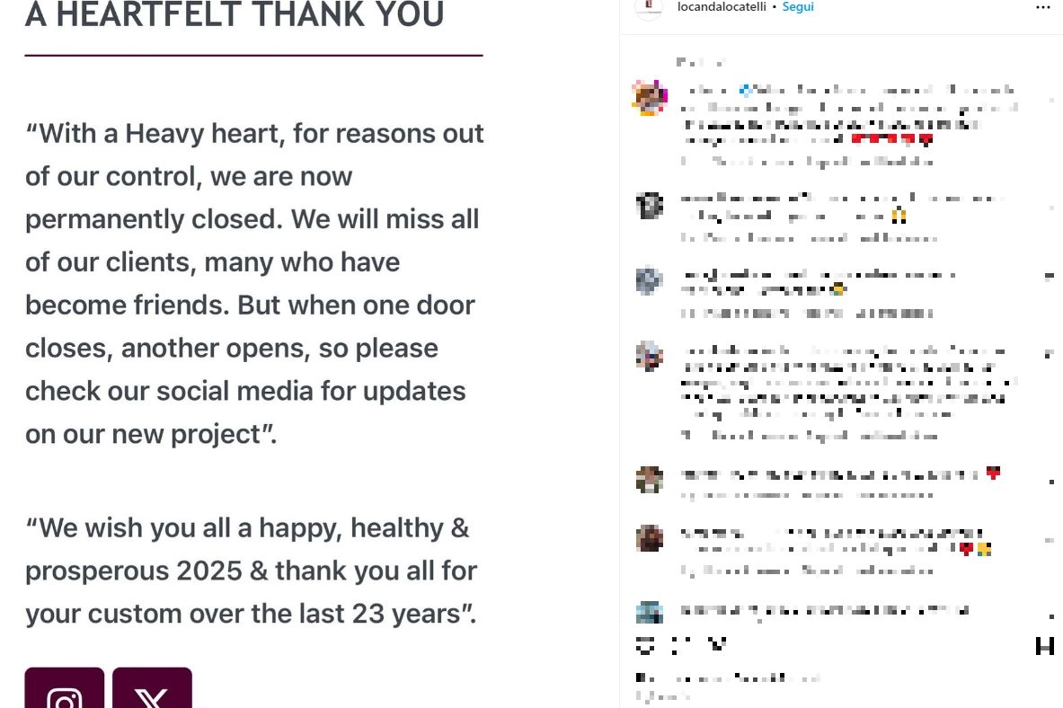 Il post Instagram di 'Locanda Locatelli' a Londra che annuncia la chiusura
