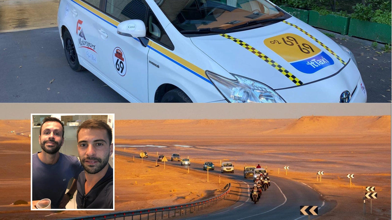 Il taxi, uno scorcio del percorso e i due amici-piloti Il taxi, uno scorcio del percorso e i due amici-piloti