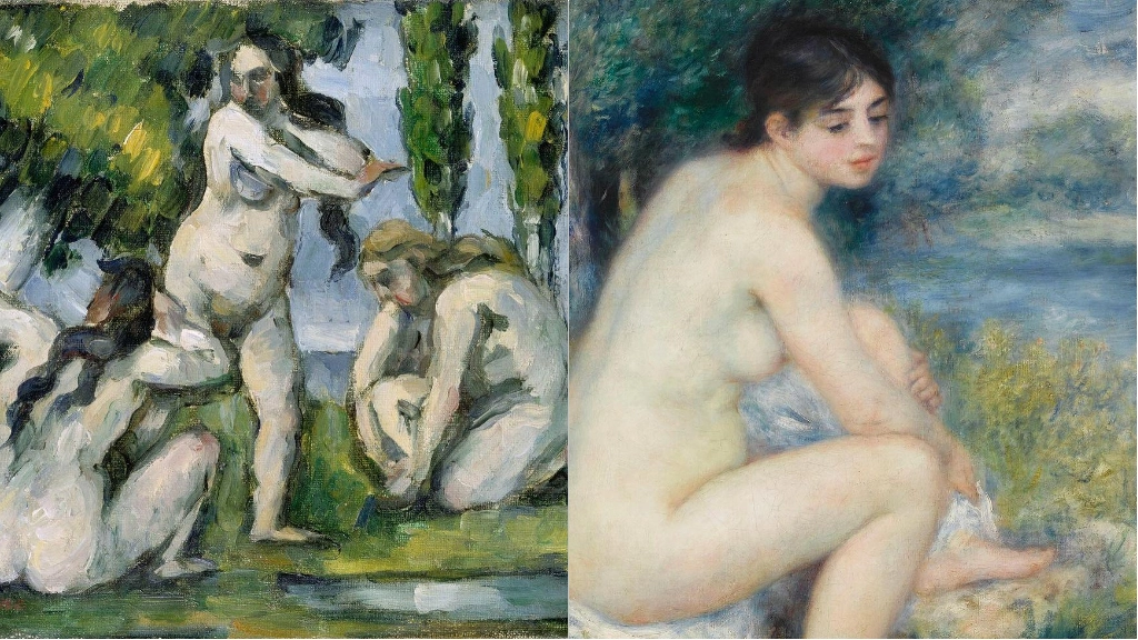 A sinistra una serie delle Bagnanti di Cèzanne, a destra una serie dello stesso soggetto realizzato da Renoir