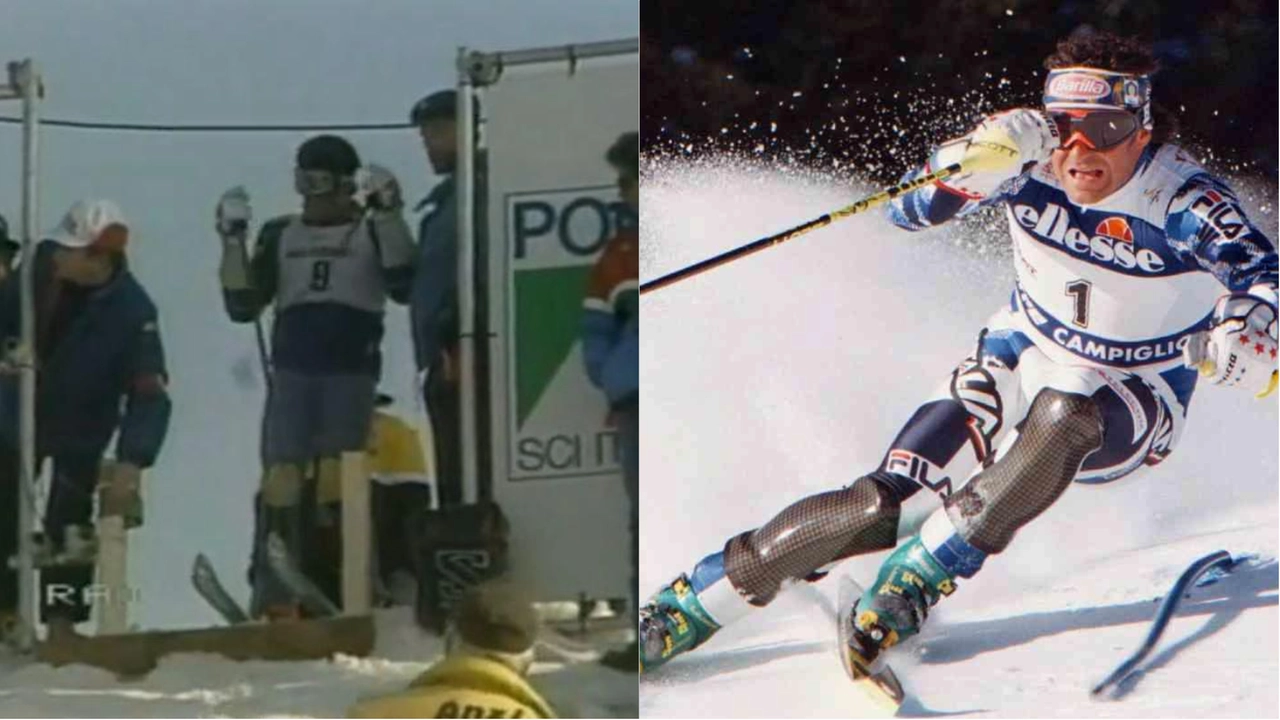 Alberto Tomba al cancelletto di partenza del parallelo di Natale; a destra, nel corso di una gara Alberto Tomba al cancelletto di partenza del parallelo di Natale; a destra, nel corso di una gara