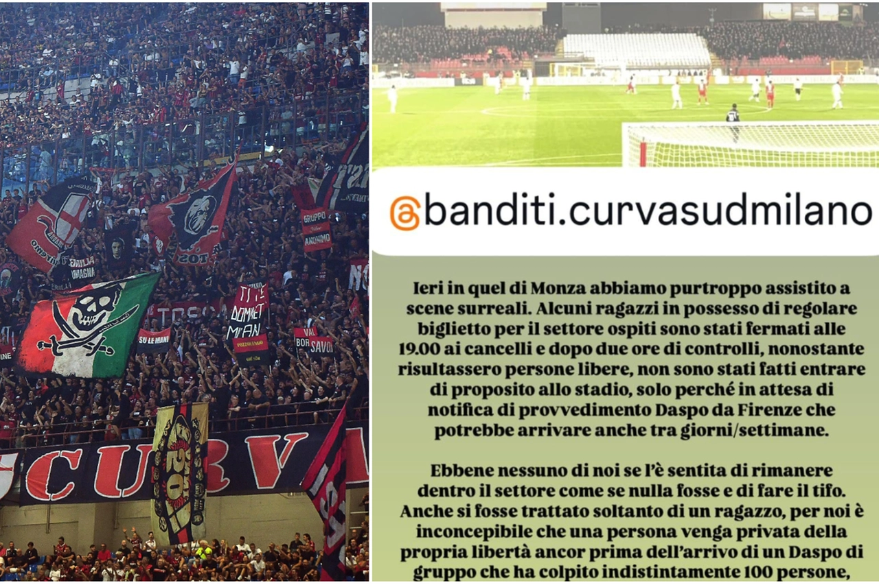 Un'immagine della Curva Sud; a destra, il post su Instagram che racconta la versione degli ultras sull'abbandono del settore allo U-Power Stadium