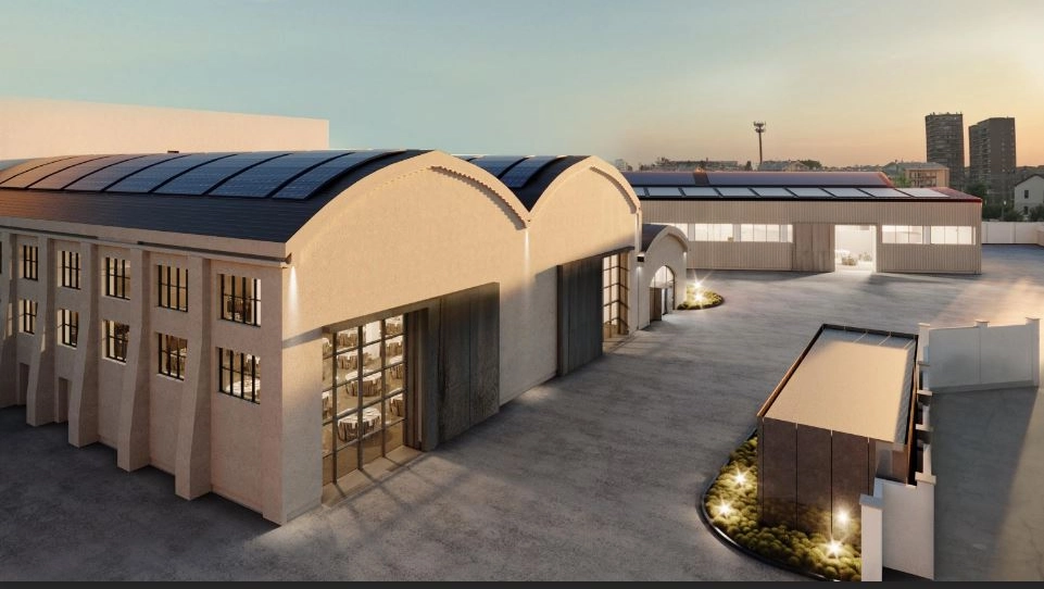 Il rendering che illustra la struttura definitiva del Village con i tre capannoni