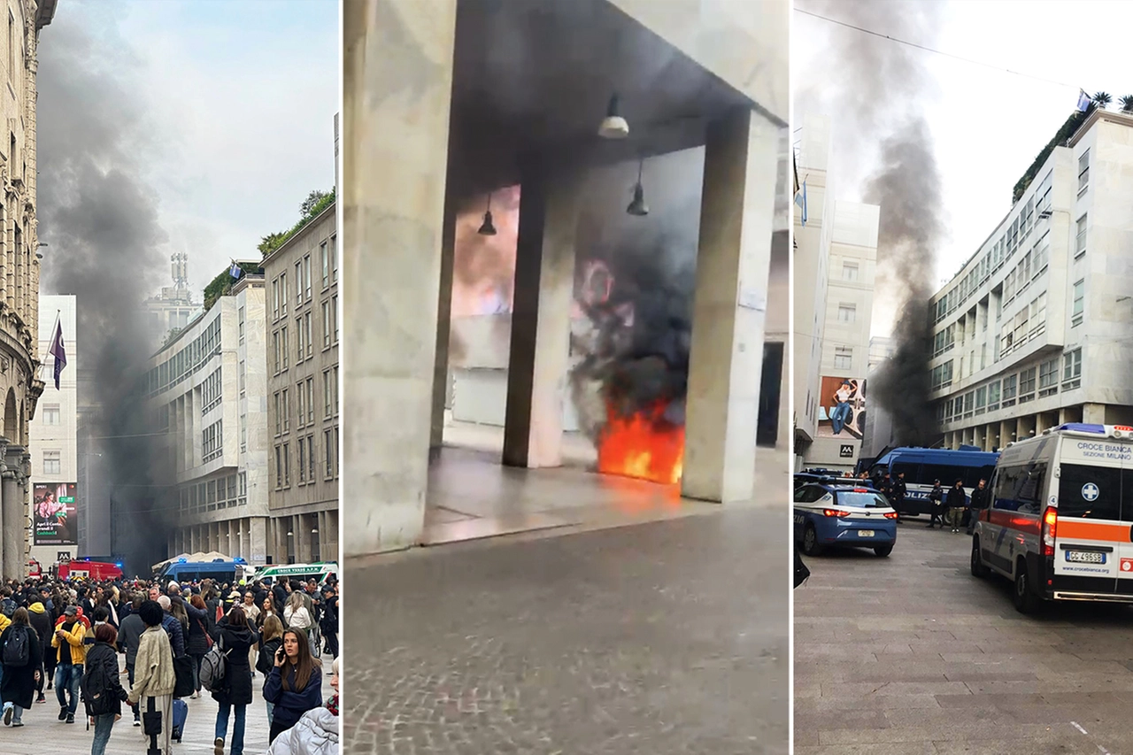 Il fuoco e la colonna di fumo nero in corso Vittorio Emanuele a Milano