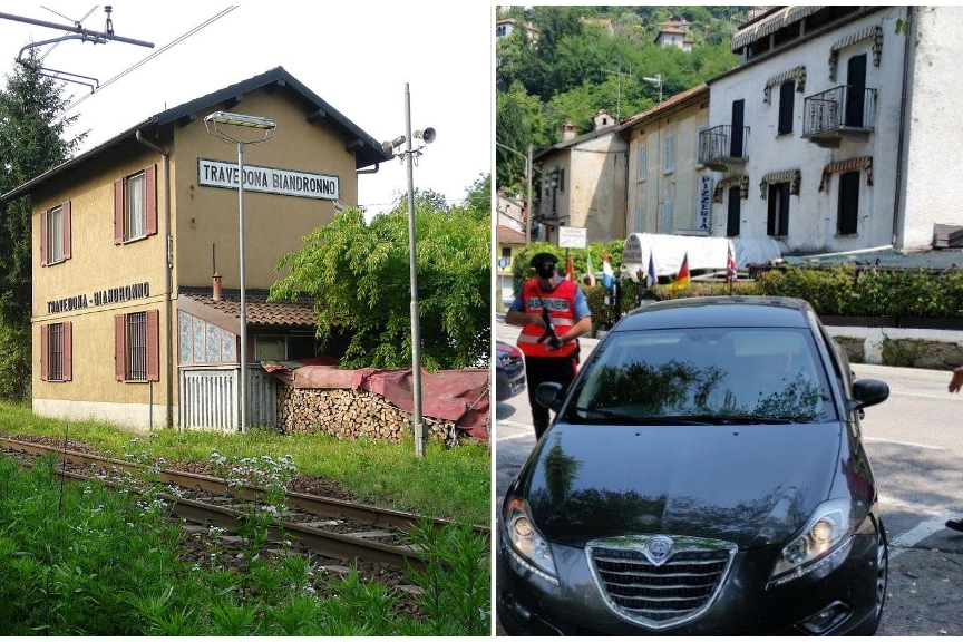 La stazione di Travedona-Biandronno; a destra, i carabinieri di Luino
