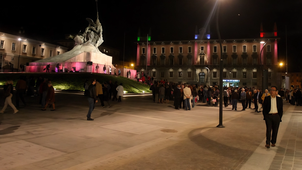 Arengario e Monumento ai Caduti avranno lampade bollard a effetto soffuso. Punti luce alternati sul basamento, videosorveglianza per aumentare la sicurezza. Arengario e Monumento ai Caduti avranno lampade bollard a effetto soffuso. Punti luce alternati sul basamento, videosorveglianza per aumentare la sicurezza.