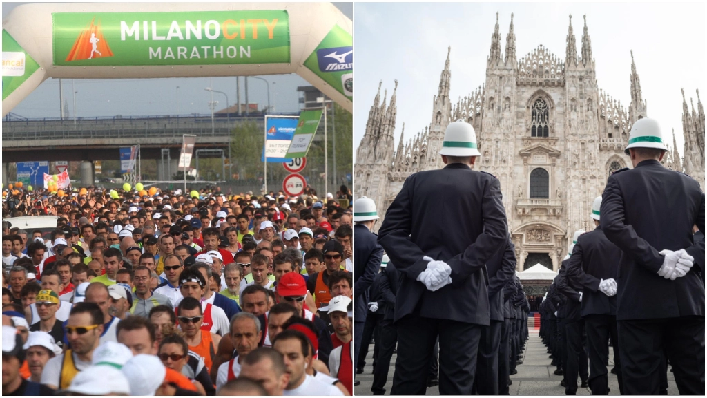 Una vecchia edizione della Milano City Marathon. A destra, agenti della Polizia Locale