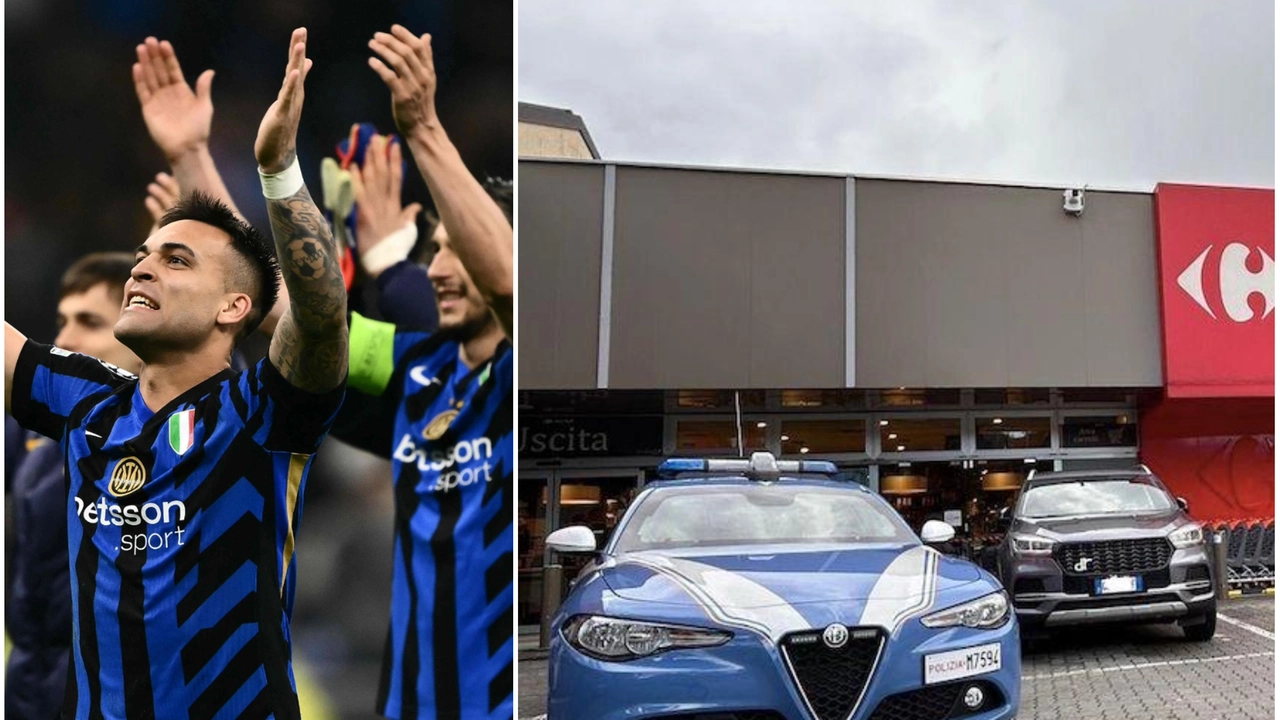 A sinistra l'Inter che festeggia dopo la vittoria in Champion contro il Bayern Monaco (foto Ansa), a destra polizia davanti a un Carrefour (foto di archivio)