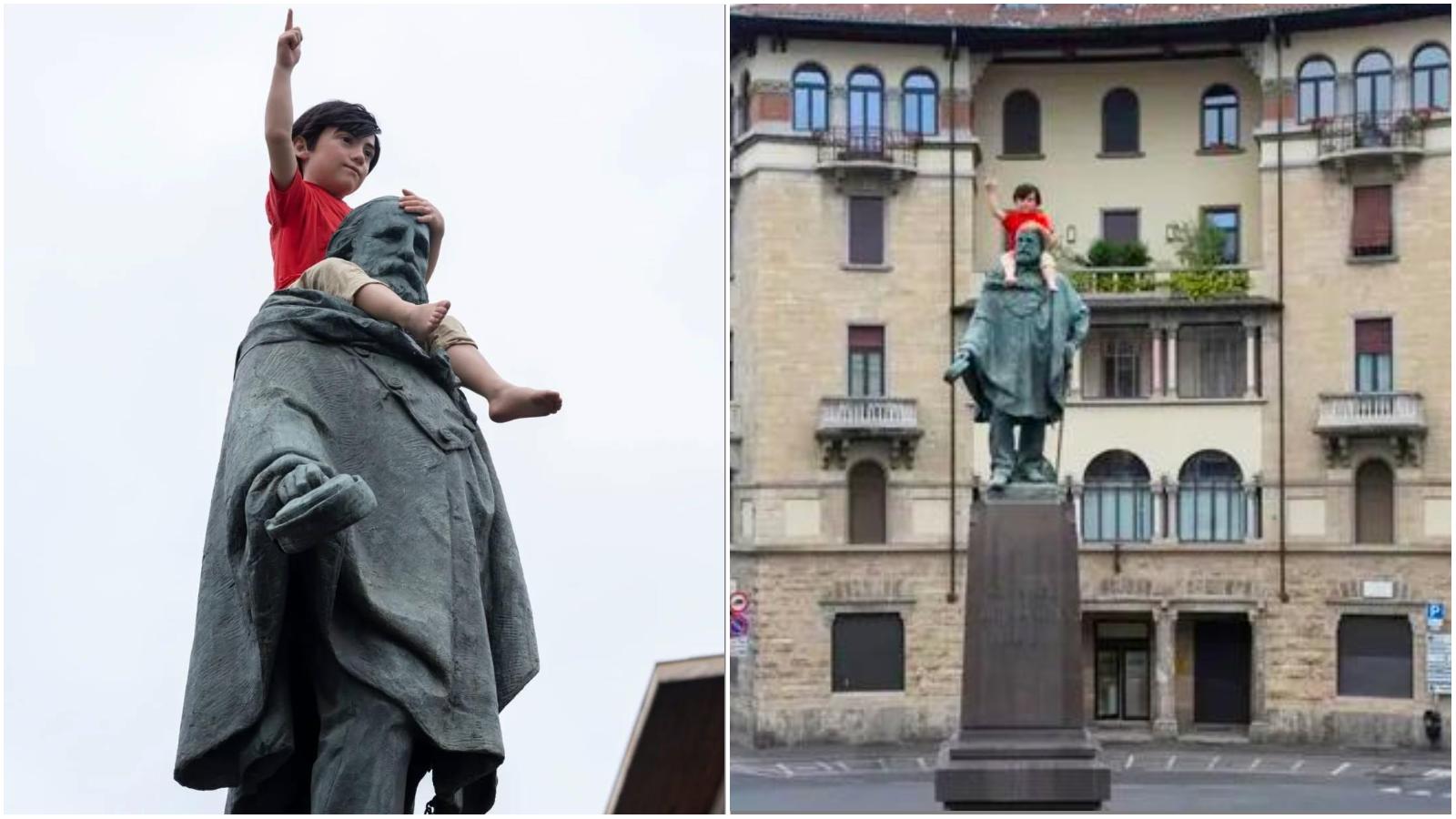 Allarme per un bambino arrampicato sulla statua di Garibaldi: ma è un’installazione di Maurizio Cattelan