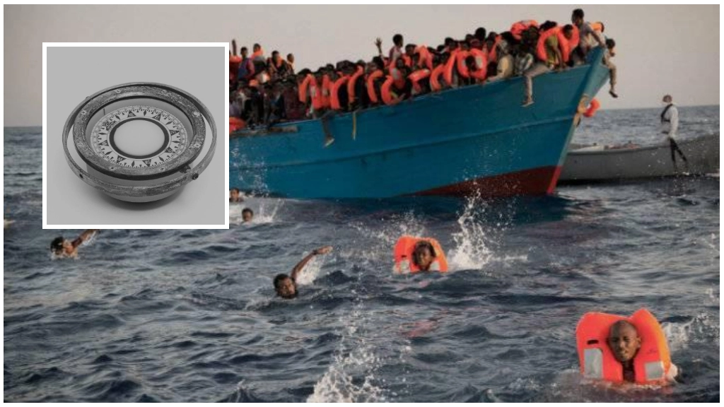 Migranti in acqua a Lampedusa; nel riquadro uno degli oggetti recuperati nel naufragio