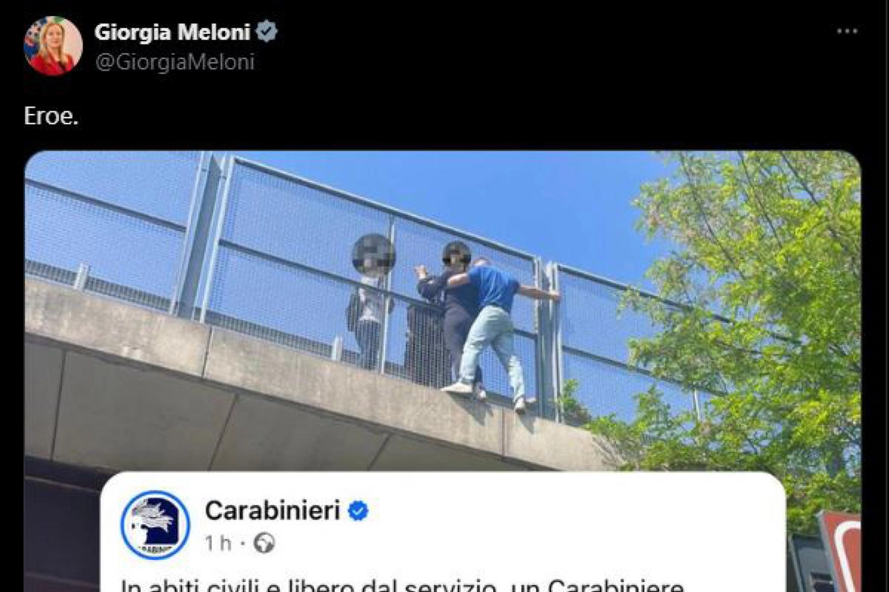 "Eroe". Lo scrive la premier Giorgia Meloni sui social, commentando un post sul profilo dell'Arma, in cui si dà notizia dell'intervento del carabiniere Fascì in provincia di Bergamo