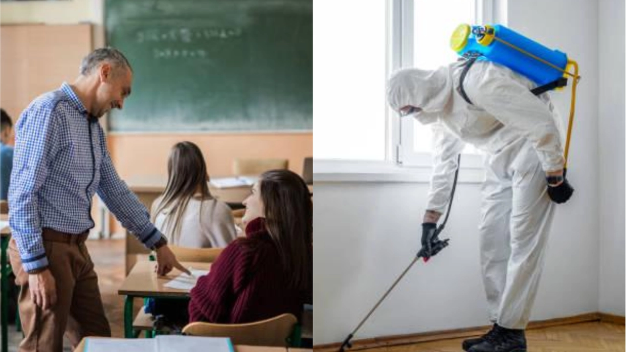Una classe e un addetto in tenuta antiderattizzazione impegnato durante un intervento nella scuola Una classe e un addetto in tenuta antiderattizzazione impegnato durante un intervento nella scuola