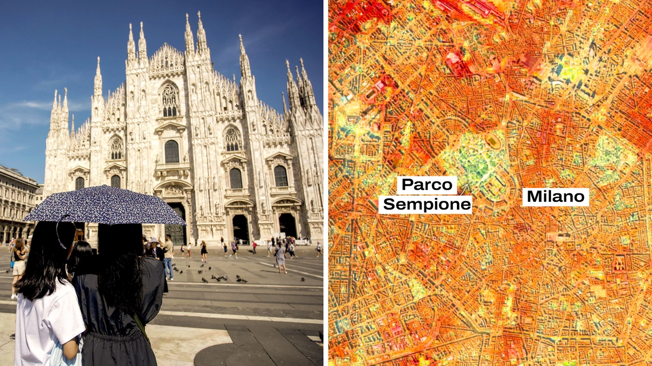 A destra, la rilevazione delle isole di calore a Milano, con le zone più fresche in prossimità di parchi e aree verdi A destra, la rilevazione delle isole di calore a Milano, con le zone più fresche in prossimità di parchi e aree verdi