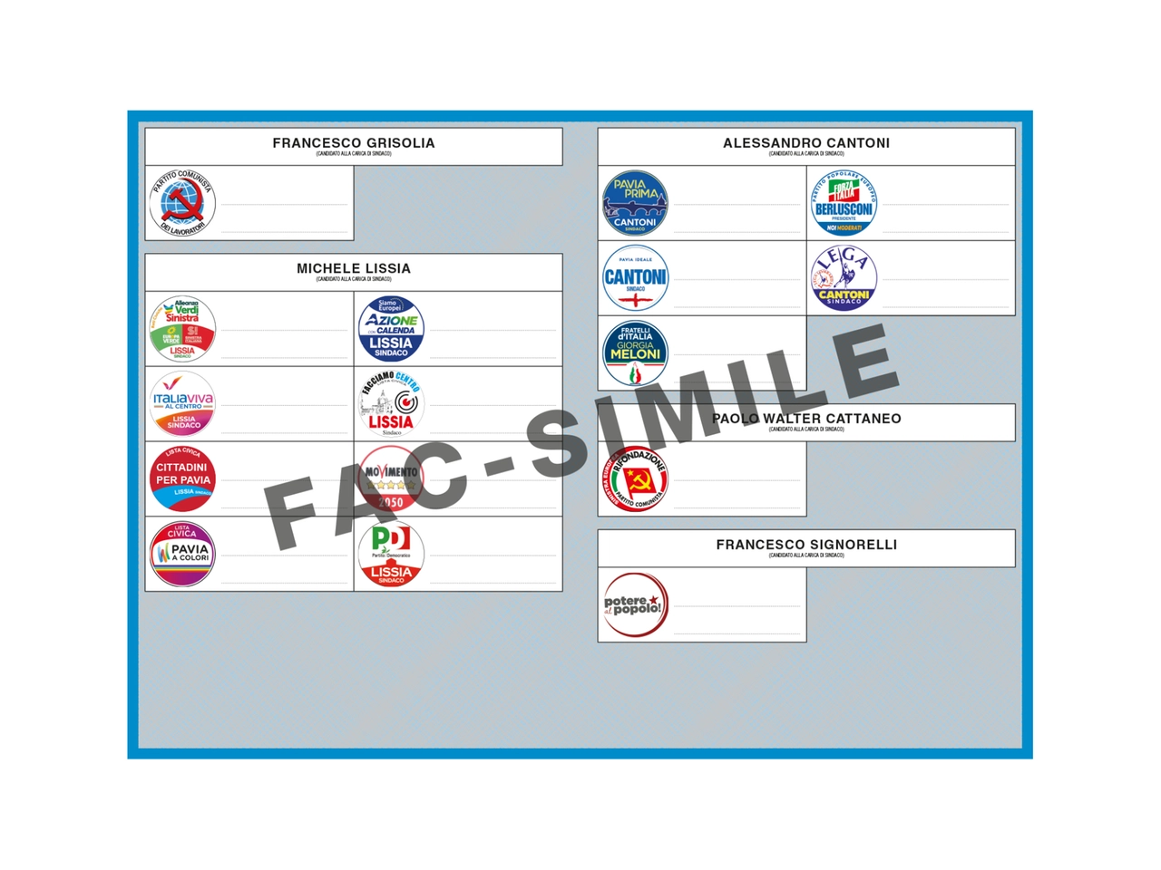 Il fac simile della scheda elettorale di Pavia, per le elezioni comunali 2024