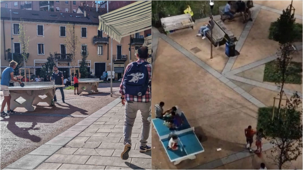 Piazza Angilberto di notte: tavoli da ping pong utilizzati per bivaccare Piazza Angilberto di notte: tavoli da ping pong utilizzati per bivaccare