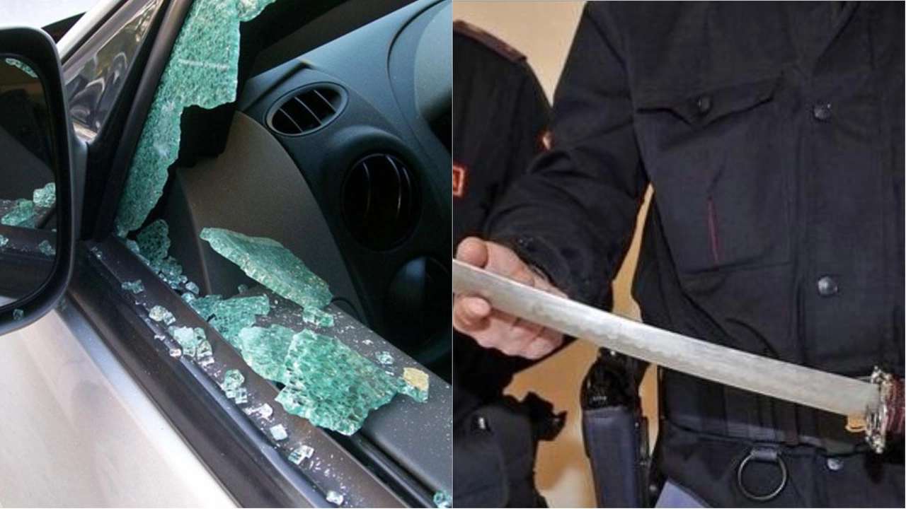 Un'auto danneggiato e una katana in due foto di archivio Un'auto danneggiato e una katana in due foto di archivio