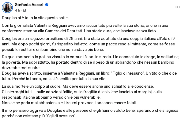 Il toccante post su Facebook di Stefania Ascari del Movimento 5 Stelle per ricordare il povero Douglas