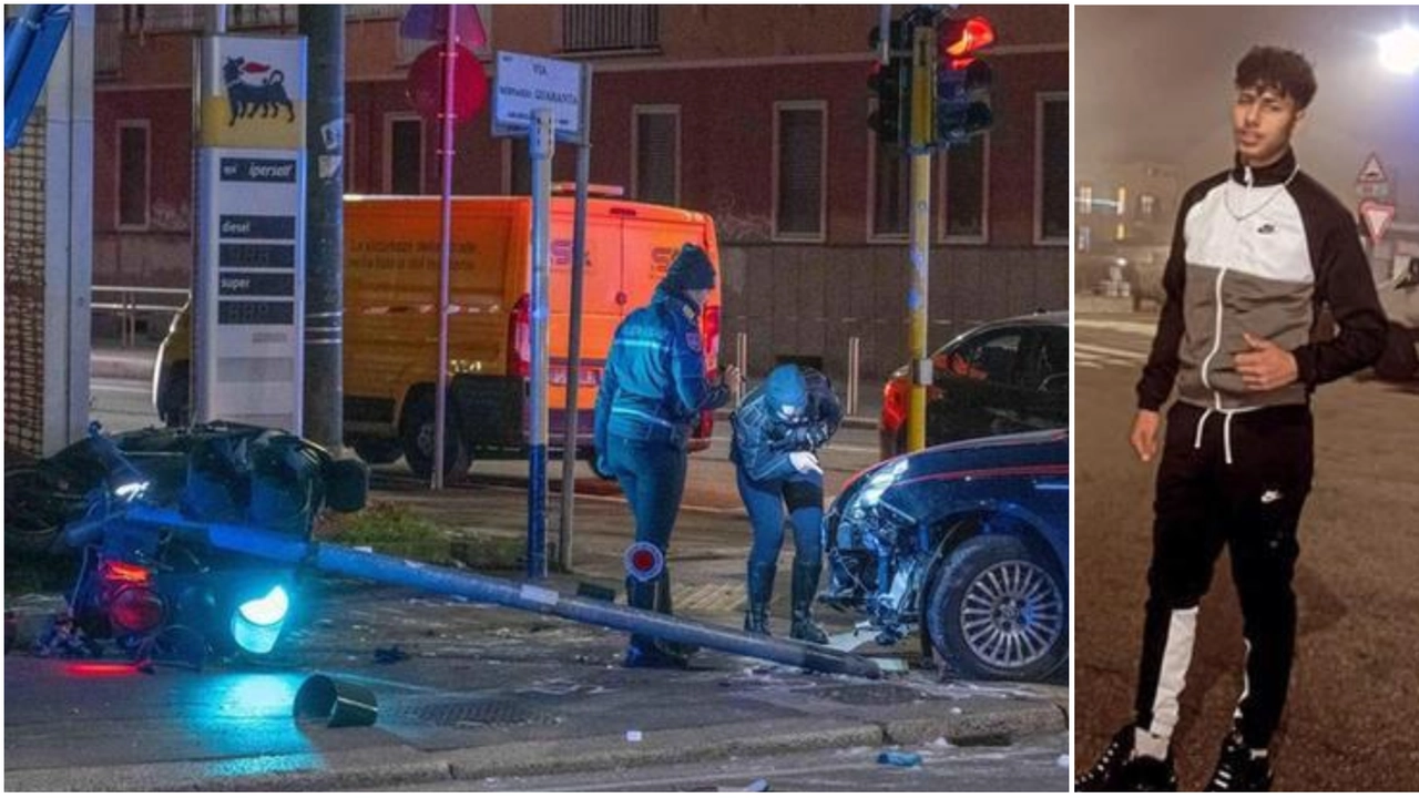 I rilievi sul luogo dell'incidente nel quale ha perso la vita Ramy Elgaml, a destra (foto Ansa local)